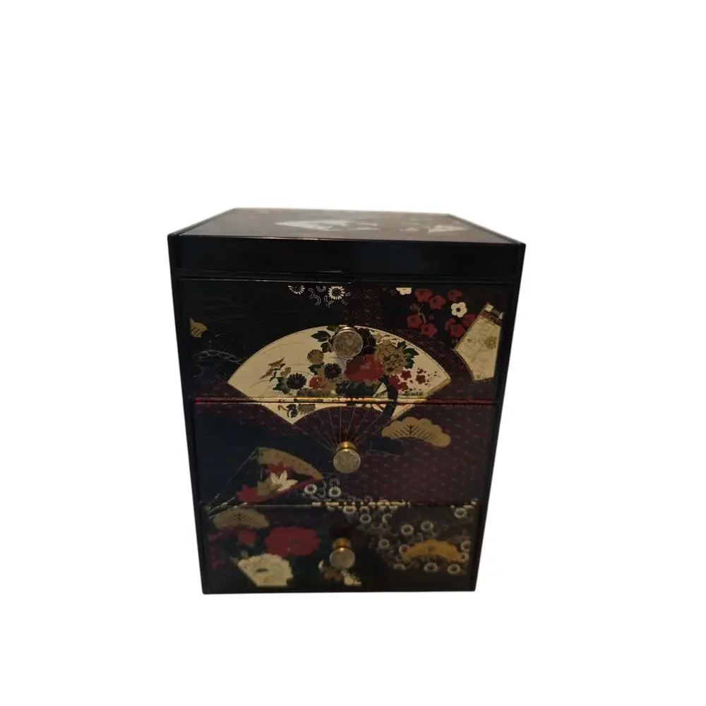 Vtg Otagiri Original Lacquerware Black W Fans Flowers 3 Drawer Jewelry Box